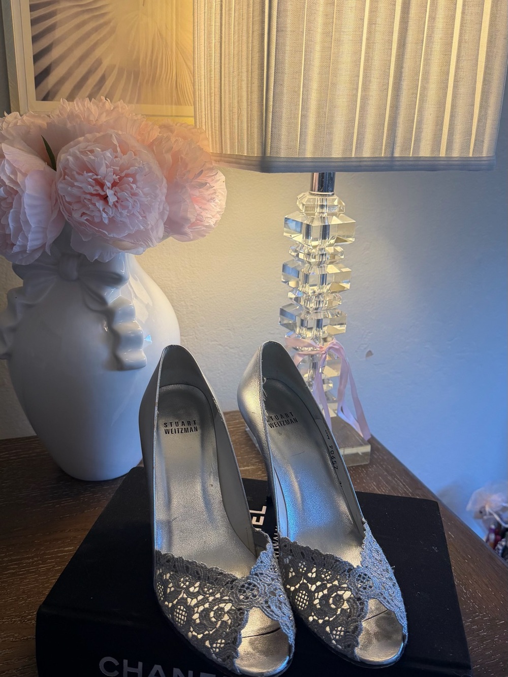 Stuart Weitzman Silver Lace Peep-Toe Heels